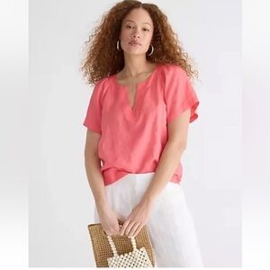 J.Crew Pink Flutter Sleeve 100% Linen V Neck Top Size Medium‎ Coral